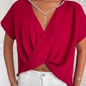 Elegant deep V neck pearls crossover blouse
